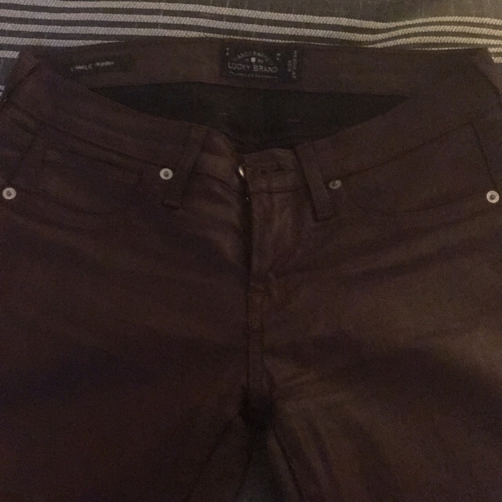 Lucky Brand burgundy Charlie skinny waxed denim